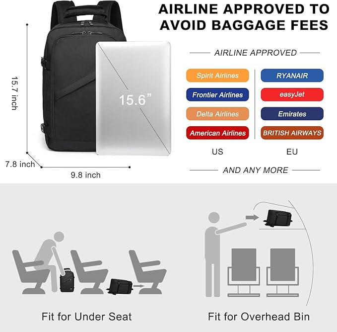 Kono Carry on Backpack, 16" Airplane Approved Under Seat Travel Backpack for Men and Women, Waterproof Lightweight Daypack for Flight 20L (Black, Small)