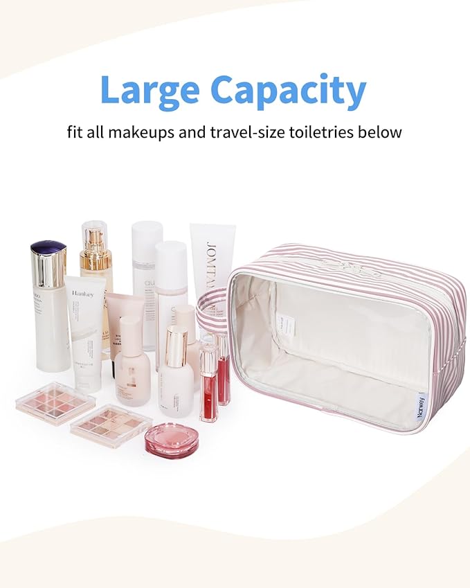 Narwey Clear Toiletry Bags for Traveling Women Men, Clear Travel Bags for Toiletries Makeup Bag Cosmetic Bag with Zipper, Make Up Organizer, Skincare Bag (Dusty Pink Stripe)