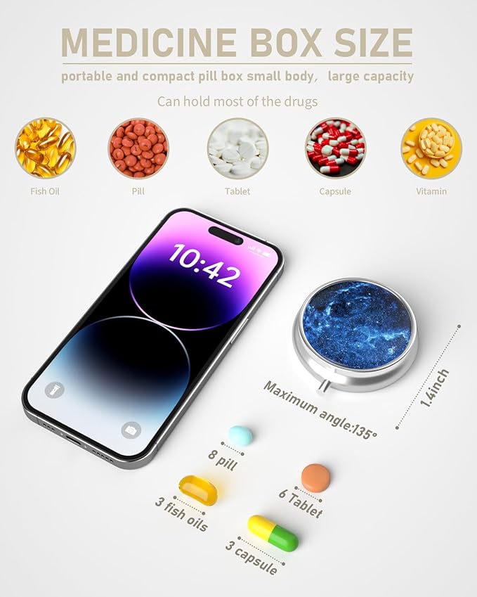 Pill Box, 3 Compartment Portable Travel Medicine Box with Mirror, Compact and Cute, Fits in Purse and Pocket, Medicine and Vitamin Organizer (Blue Starry Sky)