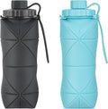 YCT Collapsible Silicone Travel Water Bottle 20oz (600ml), Reuseable Leakproof BPA Free Foldable Sports Bottle, with Carrying Strap, Dark Gray + Blue
