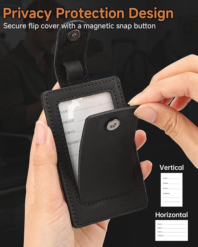 Premium Genuine Leather Luggage Tags for Suitcases - Quick Release, Privacy Protection, Elegant and Durable, Travel Essential Luggage Tag - 2 Pack Black