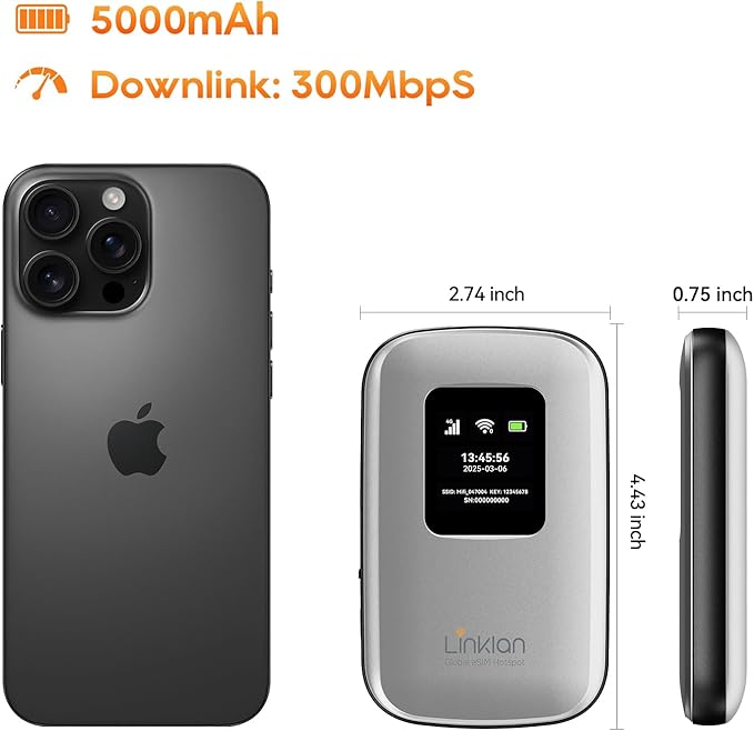 Portable Mobile Hotspot–eSIM Global WiFi Hotspot,No SIM Card/Contract Needed, 16Devices,180+ Countries, Compact Wireless Router for International Trips & Business【Free 5GB US Data for 15 Days】