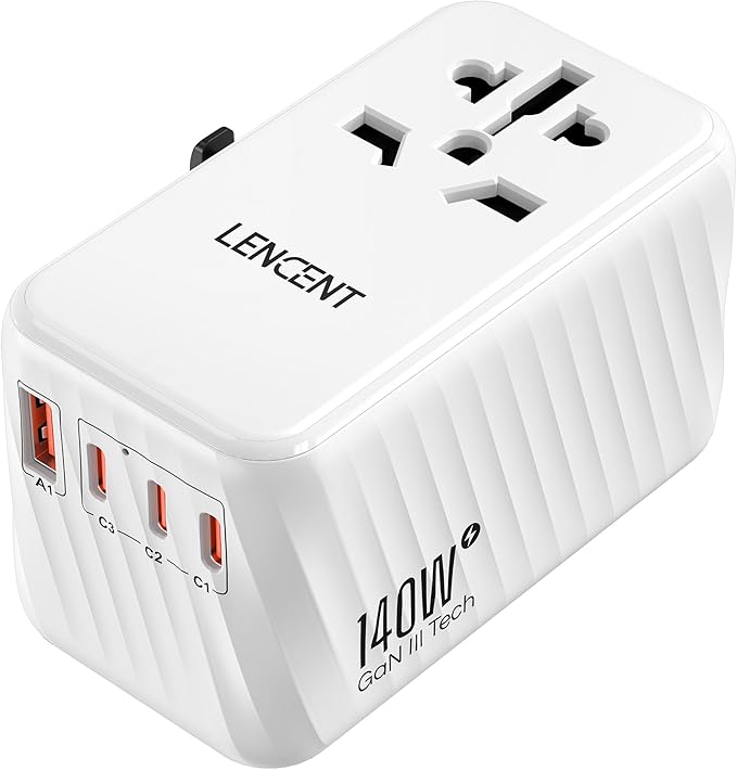 LENCENT 140W Universal Travel Adapter, International Plug Adaptor, GaN Fast Charger with 3 PD3.1 Type C+1 QC USB A, All in One Travel Essentials, Worldwide Plug Adapter for USA/UK/EU/AU, White