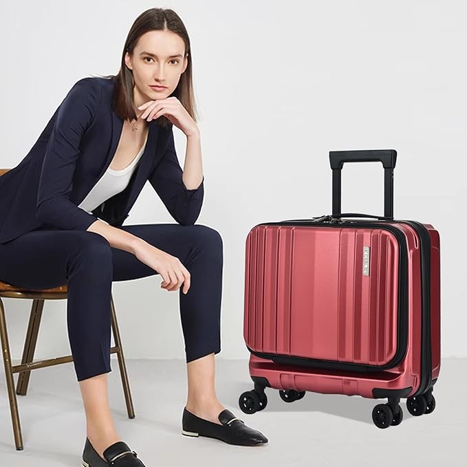 TydeCkare 16" Carry on Luggage with 2 Laptop Compartments, Lightweight Hardshell ABS+PC Suitcase with Dual Control TSA Lock, with YKK Zipper, 4 Spinner Silent Wheels, for Business Travel, Wine Red