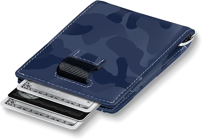 Kings Loot Money Clip Slim Minimalist Wallet for Men | RFID Blocking Leather Design with Money Clip | Front Pocket Bifold Holds 12 Cards | Stylish & Compact Wallets (Camo Blue)