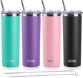 koodee 20 oz Stainless Steel Skinny Tumblers (4 Pack) Double Wall Insulated Water Tumbler Cup with Lids, Straws and Straw Brushes (Teal/Purple/Pink/Black)