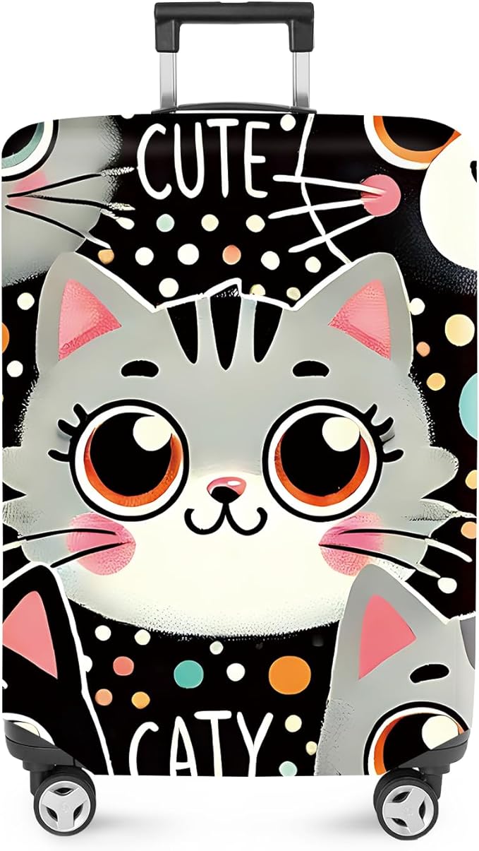 ANNA QUEEN Cute Cat Luggage Cover, Kawaii Cartoon Kitty Suitcase Protector with Colorful Polka Dot Design, Stretchable, Washable Travel Cover for 32-34 Inch Luggage