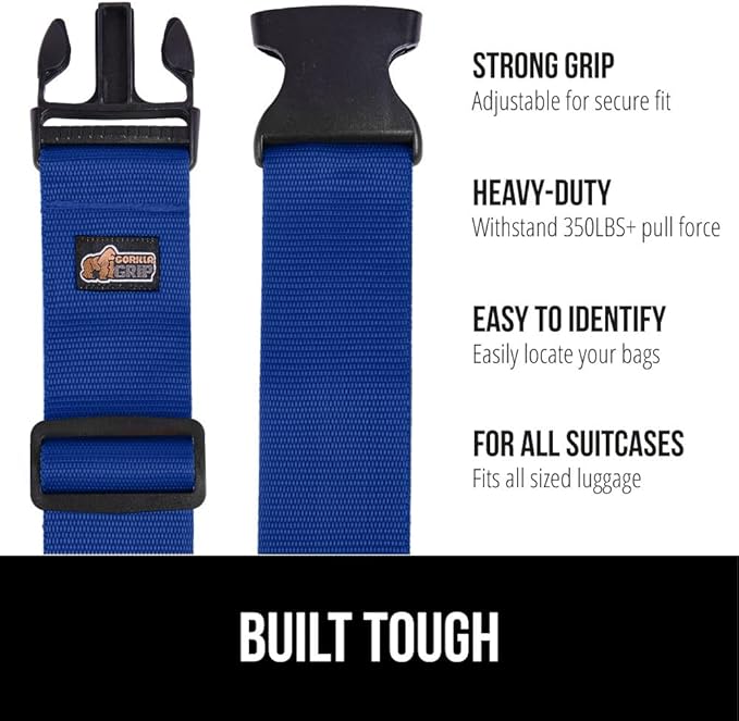 GORILLA GRIP Heavy Duty 4 Pack Adjustable Luggage Straps for Suitcases, Easy to Identify Travel Belt Connector Holds Suitcase Together, Extends Life of Bag, Strap Connects Two Bags, Accessories Blue