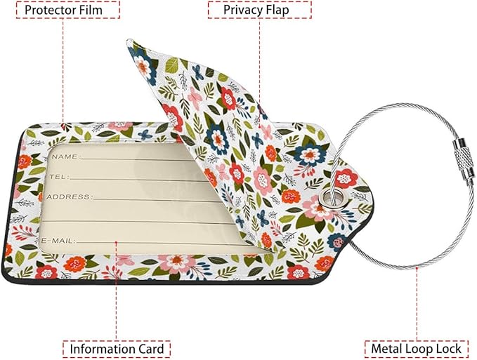 Blooming Flower Luggage Tags for Suitcases,2 Pack Luggage Tag, Leather Stainless Steel Loop Label Tag for Women Girl Travel Bag Suitcase
