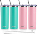 koodee 20 oz Stainless Steel Skinny Tumbler(4 Pack) Double Wall Insulated Water Tumbler Cup with Lids, Straws and Straw Brushe（Teal/2 Pack, Pink/2 Pack）