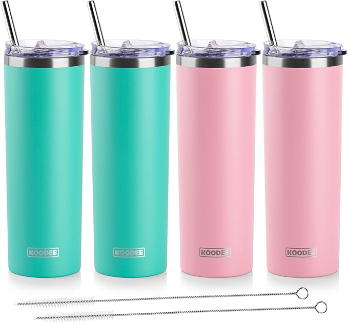 koodee 20 oz Stainless Steel Skinny Tumbler(4 Pack) Double Wall Insulated Water Tumbler Cup with Lids, Straws and Straw Brushe（Teal/2 Pack, Pink/2 Pack）