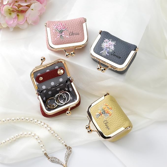 Custom Name & Birth Month Flower Mini Leather Jewelry Box – Vintage Kiss Lock Coin Purse Organizer for Rings, Earrings & Necklaces | Portable Travel Gift for Women (Blue/Black/Pink)