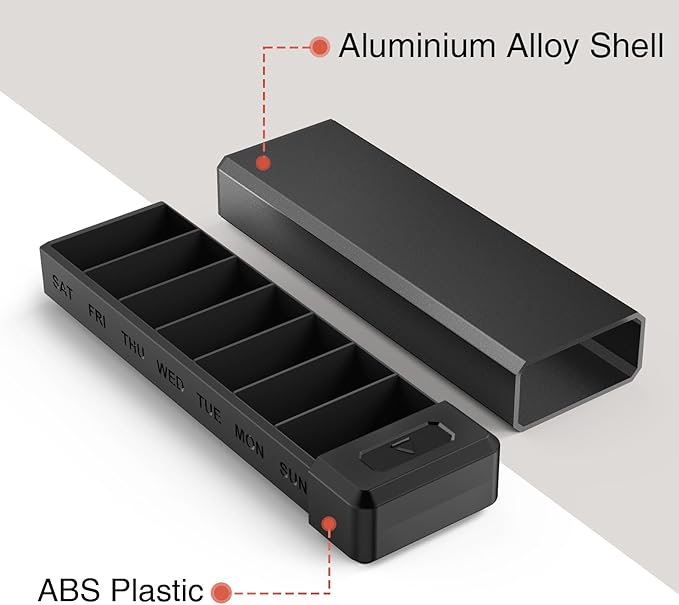 HEIYING Pill Organizer with Aluminum Shell for One Week Capacity, Portable 7 Compartments Pill Box Container to Hold Vitamin, Medicine, Supplements