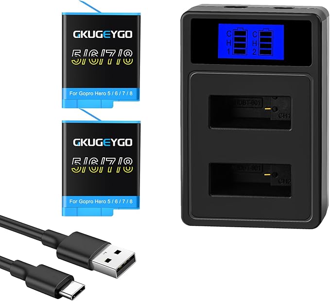 Rechargeable Battery Charger Kit Compatible with Gopro Hero 8/7/6/5 Black 2-Pack Batteries and Dual Channel USB Charger Combo