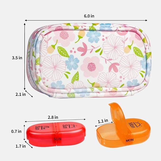 Serfeymi Weekly Travel Pill Organizer 2 Times A Day AM PM Upgraded Rainbow Pill Box 7 Day with Portable Zipper PU Leather Pill Case, Medicine Organizer for Pills, Vitamins, Fish Oils - Floral 01