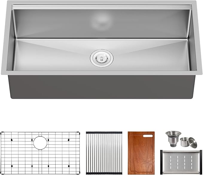 36 Inch Workstation Kitchen Sink, TECASA Undermount Deep Single Bowl, 16 Gauge Stainless Steel with Integrated Ledge and Accessories, World-Class Manufacturing Standard (18" x 36" x 10")