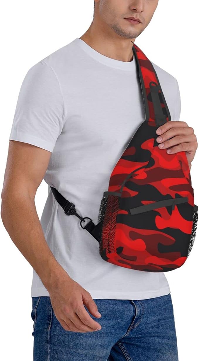 SUPLUCHOM Sling Bag Military Camouflake Camo Red Black Hiking Daypack Crossbody Shoulder Backpack Travel Chest Pack for Men Women Over 12 Years Old