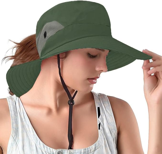Rosoz Ponytail Sun Bucket Hats for Women UV Protection Foldable Mesh Wide Brim Hiking Beach Fishing Summer Safari