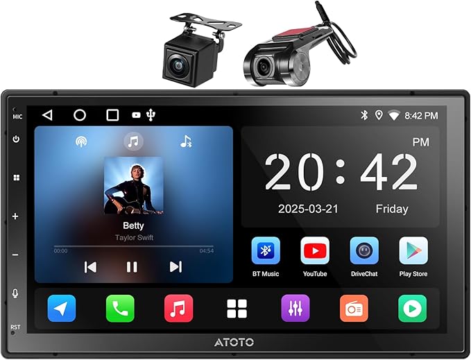A5L Android Double Din Car Stereo with Backup Camera & DVR Dashcam, 7 Inch Wireless CarPlay Android Auto, AI-Chat, GPS Navigation, Wi-Fi/BT/USB, 24 EQ DSP, 2G+32G