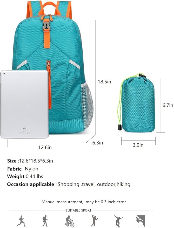 25L Hiking Backpack Foldable Sports Daypack Camping Collapsible Bag Water Repellent Lightweight Travel Men Women(Lake Blue)