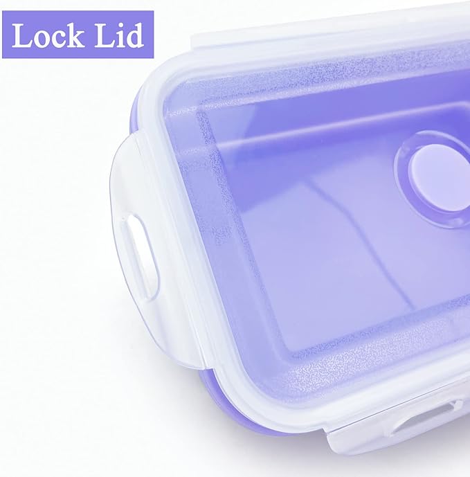 Purple Collapsible Sandwich Container, Silicone Lunch Container Bento Box with Plastic Lid, Microwave Safe, Camping Bowl For Meal Prep, Travel and Hiking, 40oz/1200ML