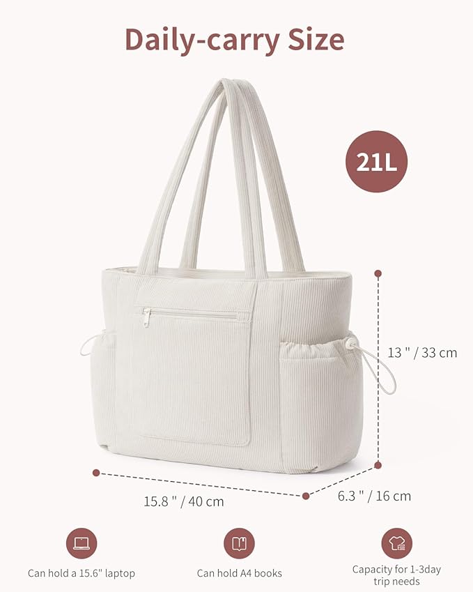 ECOHUB Tote Bag for Women, Work Tote Bags with Laptop Compartment, Large Corduroy Tote Bag with Stanley Cup Holder
