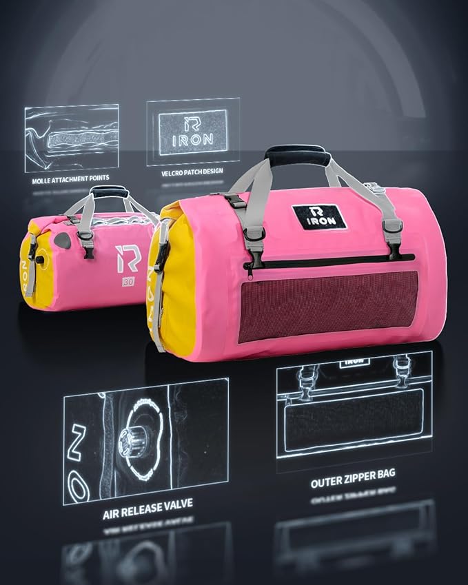 IRON JIA'S Motorcycle Dry Bag - Waterproof Duffle & Luggage Tail Bag Saddle Bags with Roll Top Closure, Shoulder Straps, Inner Pocket and Mesh Pocket (Pink, 30L)