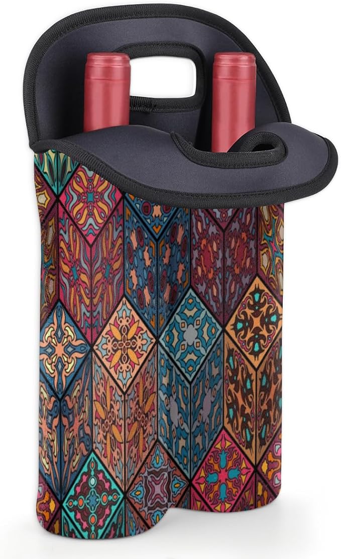Square Mandala 2 Bottle Wine Carrier Tote Bag Insulated Wine Bottles Neoprene Bag with Secure Carry Handle Portable Wine Cooler Bag for Travel Picnic Beach