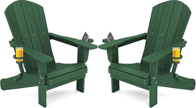 SERWALL Adirondack Chair with Cup Holders - Composite Adirondack Chairs Set of 2 HDPE Outdoor Chairs All Weather Use- Green