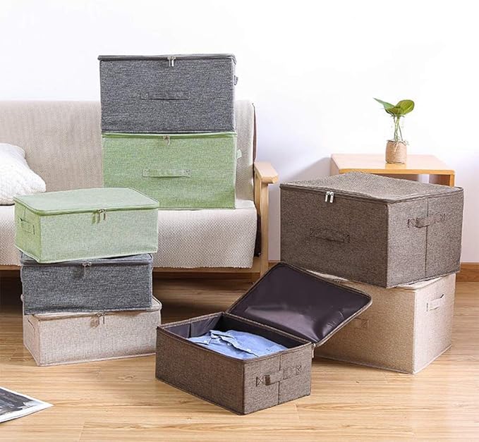 ANMINY 2PCS Storage Bins with Zipper Lids 51.9 Qt Lidded Fabric Storage Boxes Baskets Cubes with Handles Collapsible Washable Cotton Linen Closet Shelf Clothes Organizer - Green, Extra Large