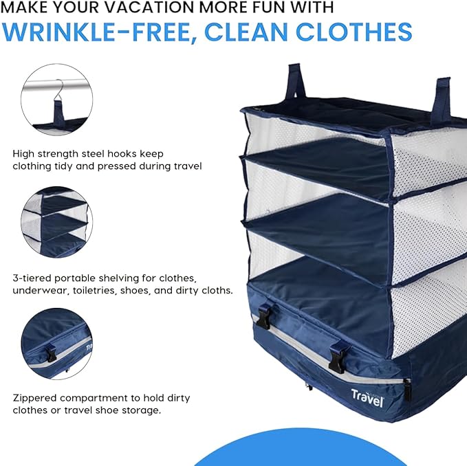 Grand Fusion Stow-N-Go Travel Luggage Organizer – Portable Hanging Travel Shelves, Carry-On Closet Organizer, Hanging Packing Cubes, Collapsible Carry-On Organizer for Cruises & Hotels. Blue - XL