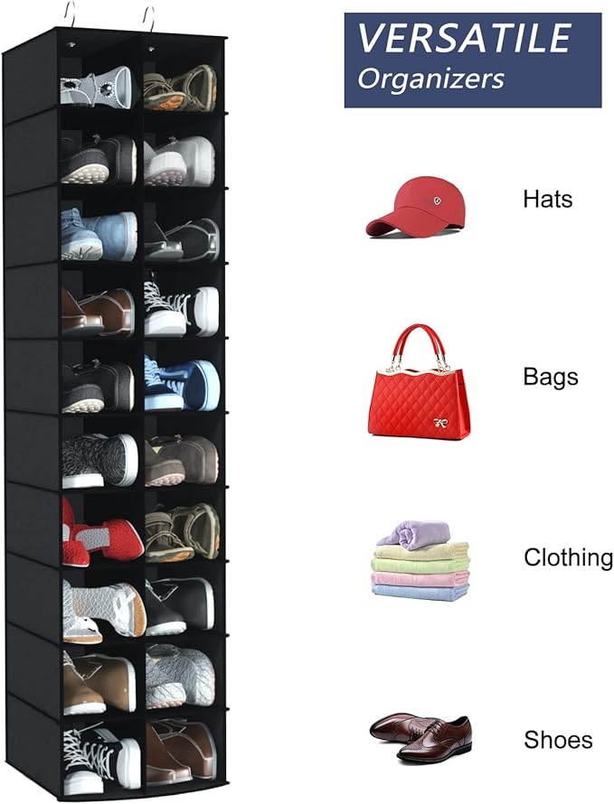 coastal rose Hanging Shoe Organizer for Closet, 20 Sections Hanging Closet Organizers and Storage Shelves, Space Saving Hanging Shoe Rack, Black, 12''W×12''Dx 50''H