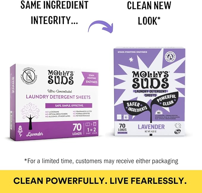 Molly’s Suds Laundry Detergent Sheets | Gentle on Sensitive Skin, Powerful Bio-Based Enzymes, Stain-Fighting | Liquidless & Plastic-Free Packaging | 120 Loads (Lavender)