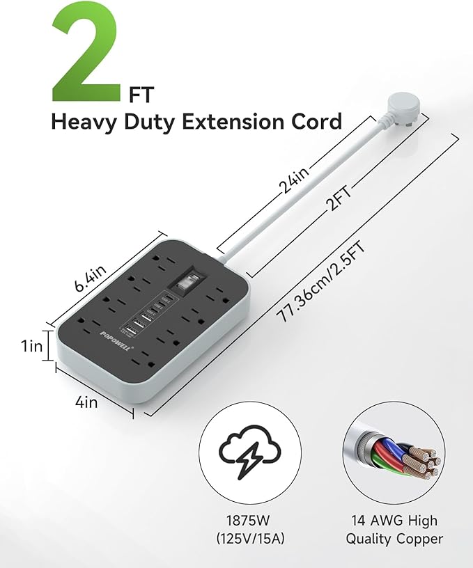 Appliance Power Strip- 14 Guage Heavy Duty Extension Cord, 24in, 8 AC Outlet& 6 USB Ports 4.8A USB Charging Station, 1080J, High Wattage for Microwave, Conditioner, Kitchen, Garage Essentials.