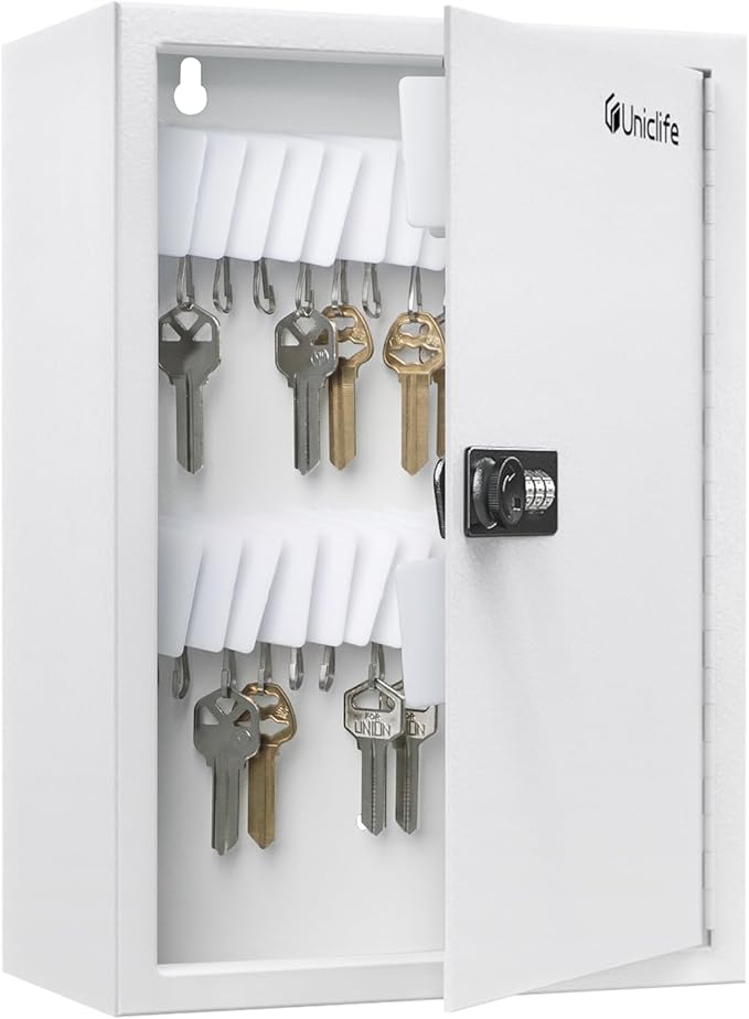 Uniclife 40 Position Slotted Key Cabinet with Combination Lock Resettable White Digital Security Storage Box Steel Key Organizer with Slotted Racks White Key Tag Labels and Permanent Pen