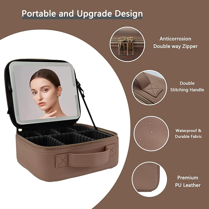 Makeup Bag with Led Mirror,Travel Makeup Organizer with 3 Color Setting, Portable Storage and Adjustable Dividers Travel Makeup Bag(Mocha)