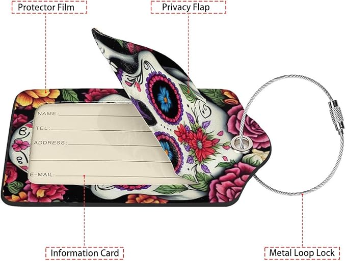 Skull Flower Diamond Art Luggage Tags for Suitcases,2 Pack Luggage Tag, Leather Stainless Steel Loop Label Tag for Women Girl Travel Bag Suitcase