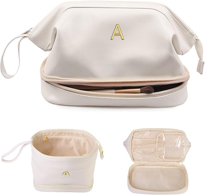 Women Gifts, Bridesmaid Gift, Initial Large Makeup Bag, Travel Essentials, Personalized Double Layer Cosmetic Bag with Makeup Brush Organizer, Toiletry Bag, Gifts for Friends Female Mom