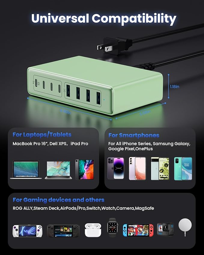200W USB C Charger Block,GaN IV Charging Station 8 Ports,QC4.0 Fast Charging Station Hub+PD 65W USB C Laptop Charger Adapter Compatible with MacBook Air/Pro,DELL,iPhone 16/15,iPad,Steam Deck-Green