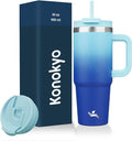 30 oz Tumbler with Handle and 2 Straws,2 in 1 Lid Insulated Water Bottle Stainless Steel Travel Coffee Mug,Sky