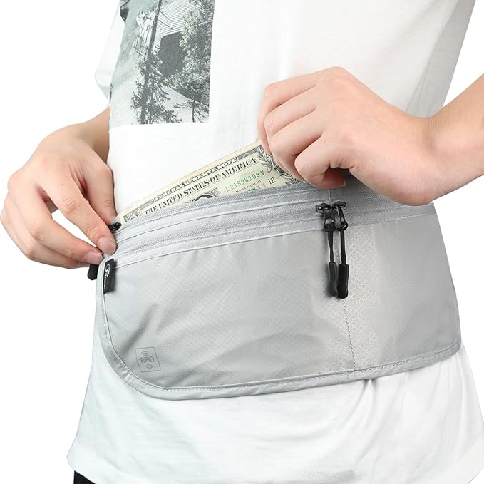 Travel Passport Holder 【1 PACK】2 in 1 Slim RFID Blocking Travel Money Belt for Men & Women, Hidden Neck Wallet for Credit Cards, Documents & Cash, Fanny Pack, MA-MO (Light Gray)