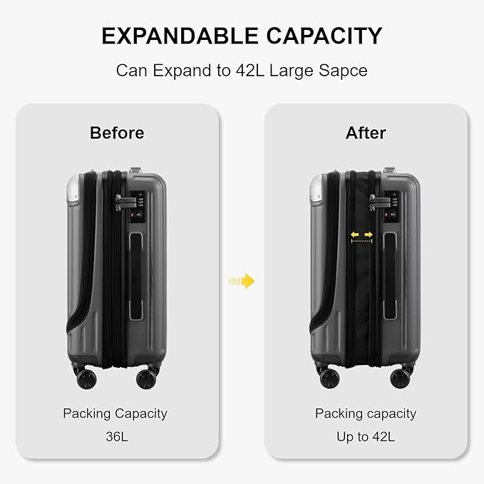 LEVEL8 Grace Carry on Luggage, 20 Inch Expandable Hard Shell Suitcases with Wheels, Abs+Pc Harshell Spinner Luggages with Tsa Lock, Travel Bag for Women Men, Grey