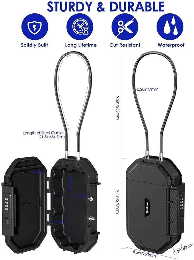 Waterproof Lock Box, Portable 4-Digit Combination Safe Boxes with Removable Cable, Anti-Theft Small Security Lockbox, Resettable Code Cash Case, Outdoor Key Hider for Travel, Gym, Hotel, Dorm, Beach