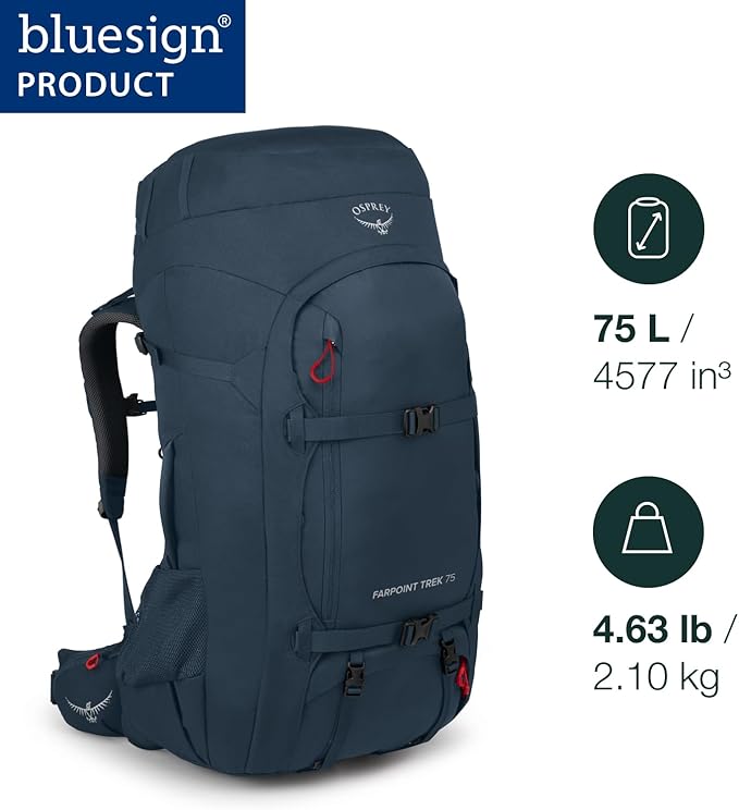 Osprey Farpoint Trek 75L Men's Travel Backpack, Muted Space Blue