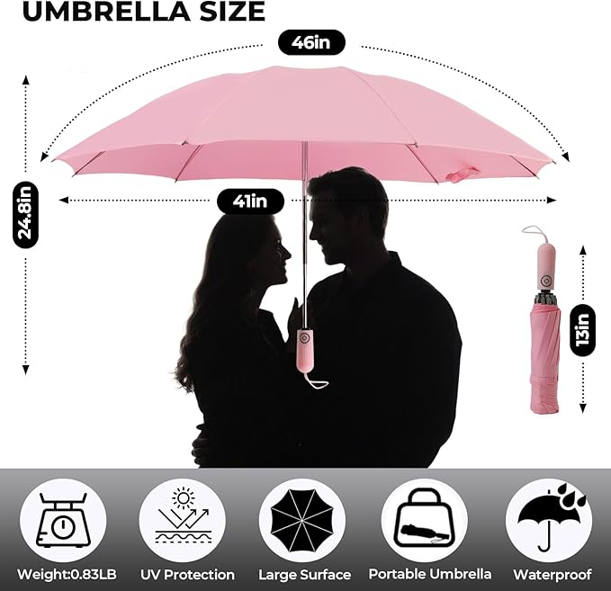 Compact Inverted Travel Umbrella, Automatic Open Close, 9-Rib 46 Inch Windproof Umbrella, Waterproof UPF 50+, Portable Umbrellas for Men, Women, Travel, and Daily Use