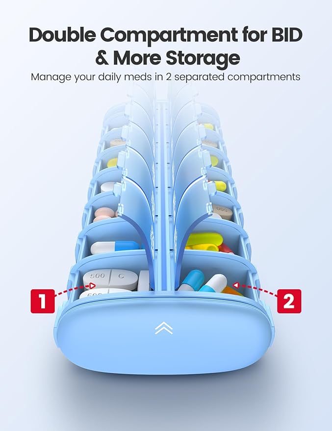Vaydeer Metal 7 Day Pill Organizer 2 Times a Day – AM PM Weekly Travel Pill Case with Moisture-Proof Desiccant, Airtight Large Capacity Pill Box for Vitamins, Medications & Supplements (Blue)