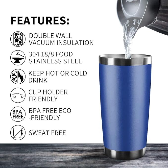 20oz Tumbler Stainless Steel Vacuum Insulated Mug with Lid, Double Wall Travel Mug, Durable Powder Coated Coffee Cup, Suitable for Ice Drinks and Hot Beverage (New Blue 1 pack)