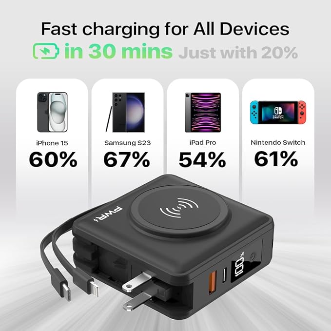 PWR Travel PRO 5-in-1 Power Bank with Case Included– 10,000mAh with Built-in Cables – 20W USB-C + 15W Wireless Charging – Compact Portable Charger for iPhone & Android- Black