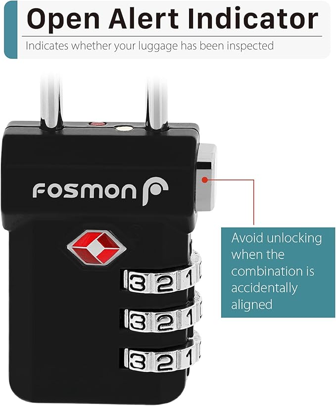 Fosmon TSA Accepted Luggage Locks, (4 Pack) Open Alert Indicator 3 Digit Combination Padlock Codes with Alloy Body and Release Button for Travel Bag, Suit Case & Luggage - Black