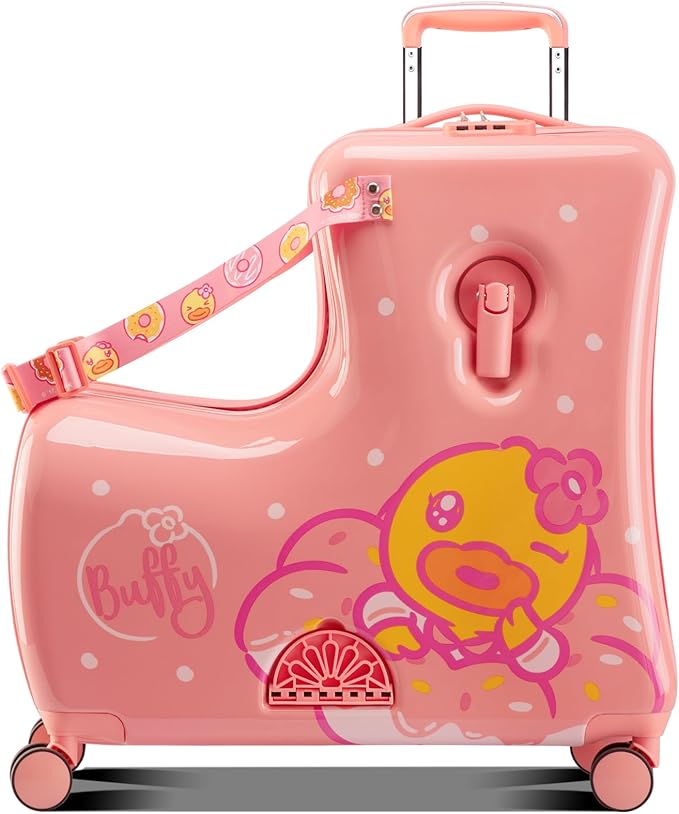 Kids' Lightweight Ride on Luggage with Spinner Wheels & Foldabe Design (Pink Donut, 20"+ Aged 1-3 Toddler)